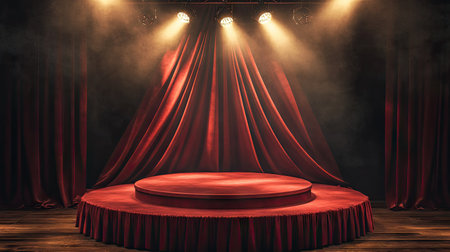 A podium wrapped in rich red silk on a large stage, with spotlights creating a sense of importance.の素材
