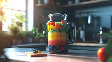 A smoothie blender jar with a rainbow of fruits layered inside, set in a clean and modern kitchen.の素材