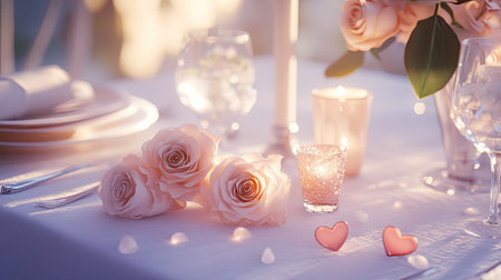 A romantic table setting with soft pink roses, candles, and heart-shaped details on a white tablecloth.の素材