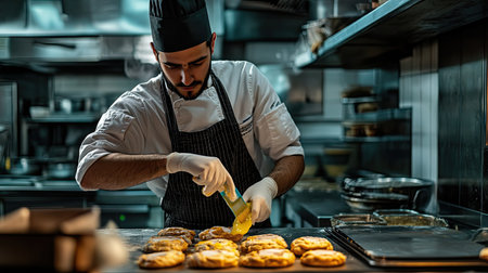 A pastry chef working in a professional kitchen, brushing egg yolk on bread dough with a silicone brush, ready for the oven.の素材