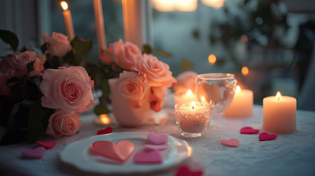 A romantic table setting with soft pink roses, candles, and heart-shaped details on a white tablecloth.の素材