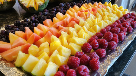 A platter of rainbow-colored fruit skewers with fresh, juicy pieces of melon, pineapple, and berries for a summer event.の素材
