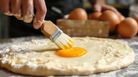 A pastry chef brushing egg yolk onto raw bread dough, ensuring an even coat before placing the dough in the oven.の素材
