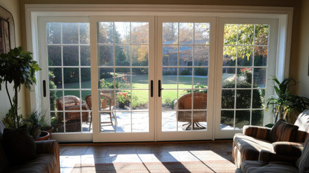 A patio view through aluminum frame sliding doors, featuring a cozy outdoor seating area.の素材