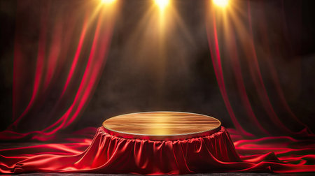 A polished wood podium wrapped in red silk under warm yellow spotlights, creating a regal atmosphere.の素材
