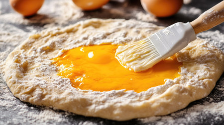 A professional pastry chef applying a thin layer of egg yolk on raw bread dough with a silicone brush, ready for baking.の素材