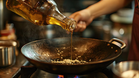 A person preparing dinner, pouring sesame oil into a wok-style frying pan on a traditional stove.の素材