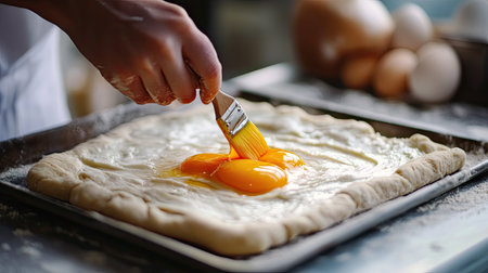 A pastry chef in the process of brushing egg yolk onto raw bread dough, with the dough placed on a baking tray.の素材