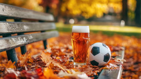 A pint of lager and a soccer ball placed on a park bench under vibrant autumn leaves.の素材
