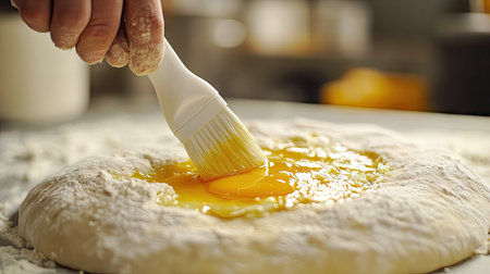 A pastry chef applying egg yolk with a silicone brush to raw bread dough, ensuring a shiny, golden finish post-bake.の素材