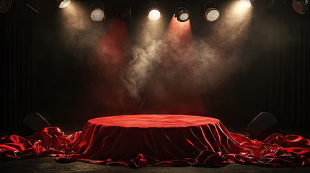 A stage podium covered in red silk, surrounded by a darkened audience area with focused spotlights.の素材