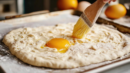 A pastry chef in the process of brushing egg yolk onto raw bread dough, with the dough placed on a baking tray.の素材