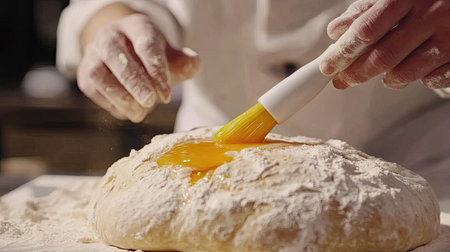 A pastry chef in action, delicately applying egg yolk to raw bread dough using a silicone brush, preparing it for the oven.の素材