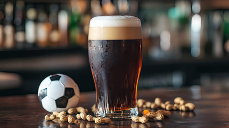 A pint of craft beer sitting on a bar table with a soccer ball and scattered peanuts nearby.の素材