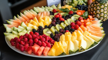 A platter of rainbow-colored fruit skewers with fresh, juicy pieces of melon, pineapple, and berries for a summer event.の素材