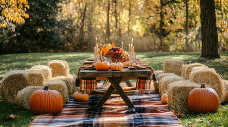 A rustic outdoor autumn table with hay bales as seats, plaid blankets, and a wooden table decorated with pumpkins and fall leaves.の素材