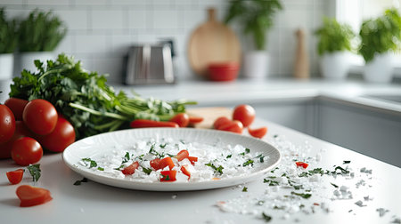 A shattered ceramic plate on a white kitchen countertop, with delicate pieces of the plate scattered among fresh food.の素材