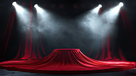 A red silk-covered podium on a dark stage with bright white spotlights creating a halo effect.の素材