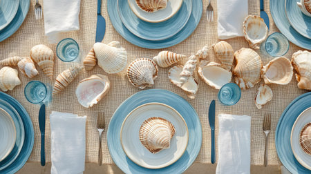 A seaside-themed table with blue-and-white plates, shell decorations, and sand-colored napkins.の素材