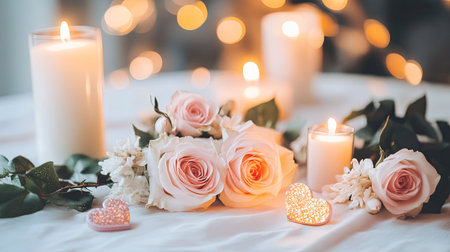 A romantic table setting with soft pink roses, candles, and heart-shaped details on a white tablecloth.の素材