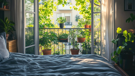A stylish bedroom with aluminum sliding doors leading to a balcony adorned with potted plants.の素材