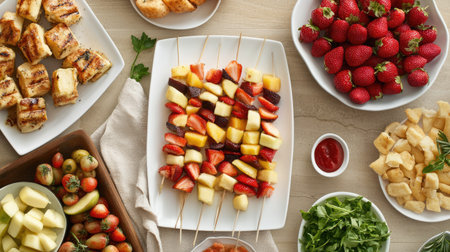 A serving table with fresh fruit skewers and a variety of other appetizers for a buffet-style gathering.の素材