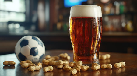 A pint of craft beer sitting on a bar table with a soccer ball and scattered peanuts nearby.の素材