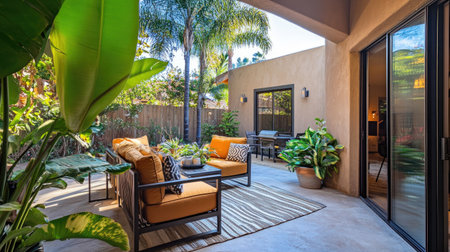 A patio view through aluminum frame sliding doors, featuring a cozy outdoor seating area.の素材
