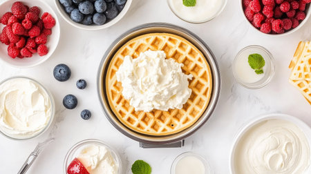 A top-down view of a waffle maker with golden waffles, alongside bowls of batter and fresh fruit.の素材