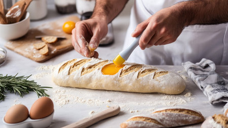 A pastry chef using a silicone brush to spread egg yolk on raw bread dough in preparation for baking a fresh loaf.の素材