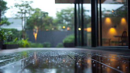 A rain-soaked terrace as seen through aluminum frame sliding doors, with water droplets on the glass.の素材