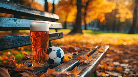 A pint of lager and a soccer ball placed on a park bench under vibrant autumn leaves.の素材