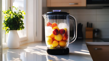 A side view of a blender filled with fruit and ice, with sunlight streaming into a clean, modern kitchen.の素材