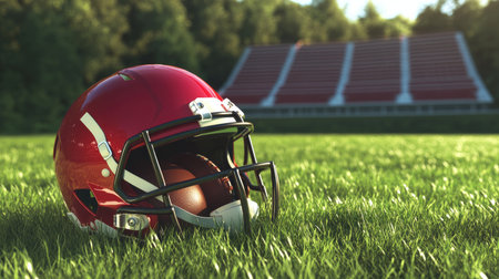 A red football helmet next to a football, placed on freshly mowed grass with stadium bleachers in the distance.の素材