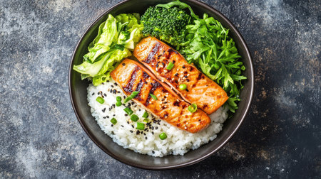A simple Japanese bento lunch box filled with rice, grilled salmon, and fresh green vegetables.の素材