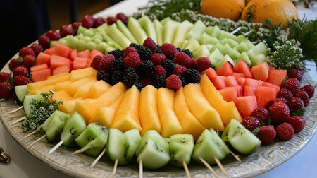A platter of fresh fruit skewers arranged beautifully on a serving plate, with vibrant pieces of melon, berries, and citrus.の素材
