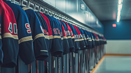 A row of hockey sticks lined up against a locker room wall, with jerseys hanging above them.の素材