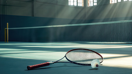 A shuttlecock and badminton racket resting on the court, with the net and empty court in the background.の素材