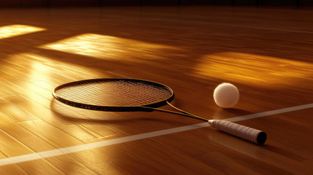 A shuttlecock and badminton racket placed on the court floor, with the wooden surface and lines in the background.の素材