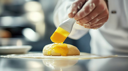 A pastry chef applying egg yolk with a silicone brush to raw bread dough, ensuring a shiny, golden finish post-bake.の素材