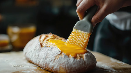 A raw loaf of bread being brushed with egg yolk by a pastry chef using a silicone brush to create a glossy finish.の素材