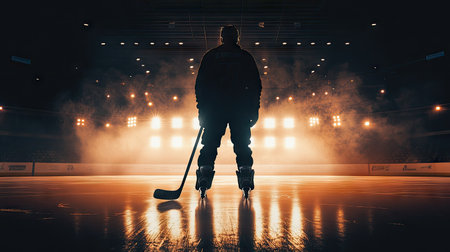 A silhouette of a hockey player holding a stick, standing on the rink with bright arena lights in the background.の素材