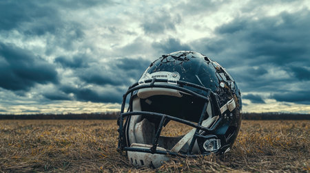 A shattered football helmet on the field, conveying the intensity of the game, under cloudy skies.の素材