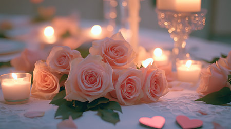 A romantic table setting with soft pink roses, candles, and heart-shaped details on a white tablecloth.の素材
