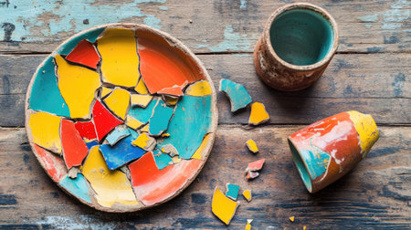 A shattered ceramic plate with colorful pieces scattered on a rustic wooden table, with a broken cup beside it.の素材