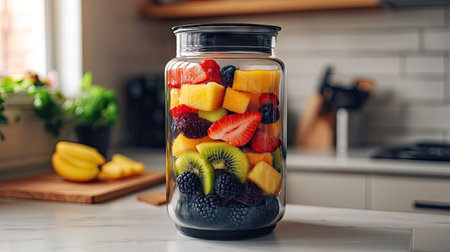 A smoothie blender jar with a rainbow of fruits layered inside, set in a clean and modern kitchen.の素材