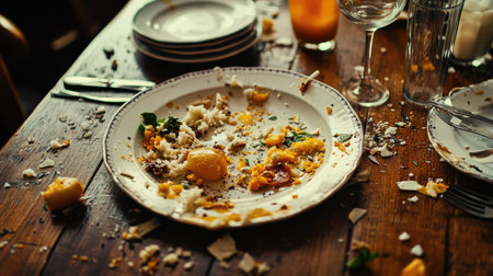 A shattered ceramic plate resting on a wooden dining table, with pieces of food and drink spilled across it.の素材