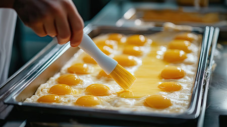 A pastry chef using a silicone brush to apply egg yolk onto raw bread dough, preparing it for baking in a professional kitchen.の素材