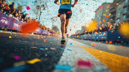 A runner crossing a finish line painted on a road, with confetti and cheering crowds in the background.の素材