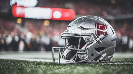 A silver football helmet resting on the sidelines, with a blurred crowd and scoreboard in the background.の素材